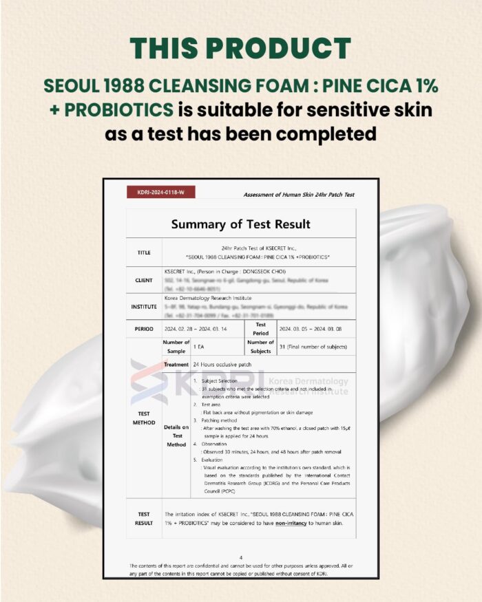 K-SECRET Seoul 1988 Cleansing Foam : Pine Cica 1% + Probiotics (150mL) - Image 7