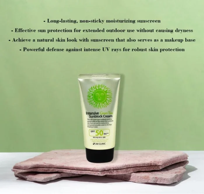 3W CLINIC Intensive Green Tea Sunblock Cream SPF 50+ PA+++ (70mL) - Image 2