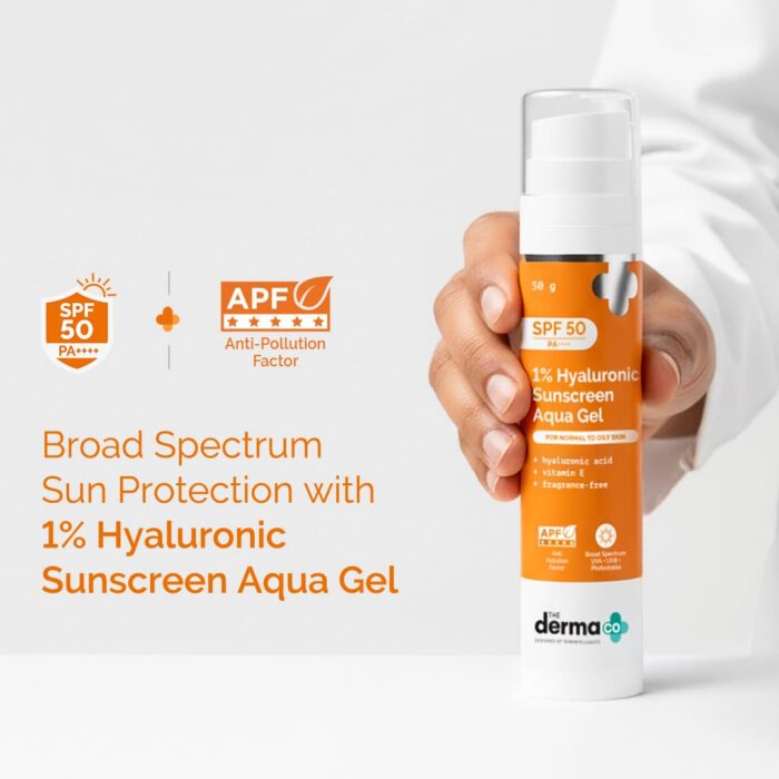 The Derma Co 1% Hyaluronic Sunscreen Aqua Gel SPF50+ PA++++ Travel Size (50g) - Image 3