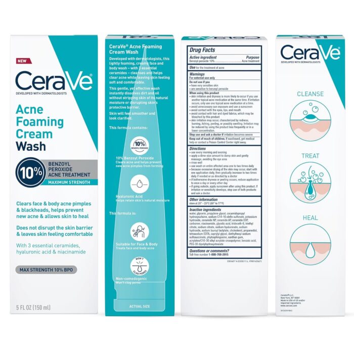 CeraVe Acne Foaming Cream Wash with 10% Benzoyl Peroxide Acne Treatment (150mL) - Image 10