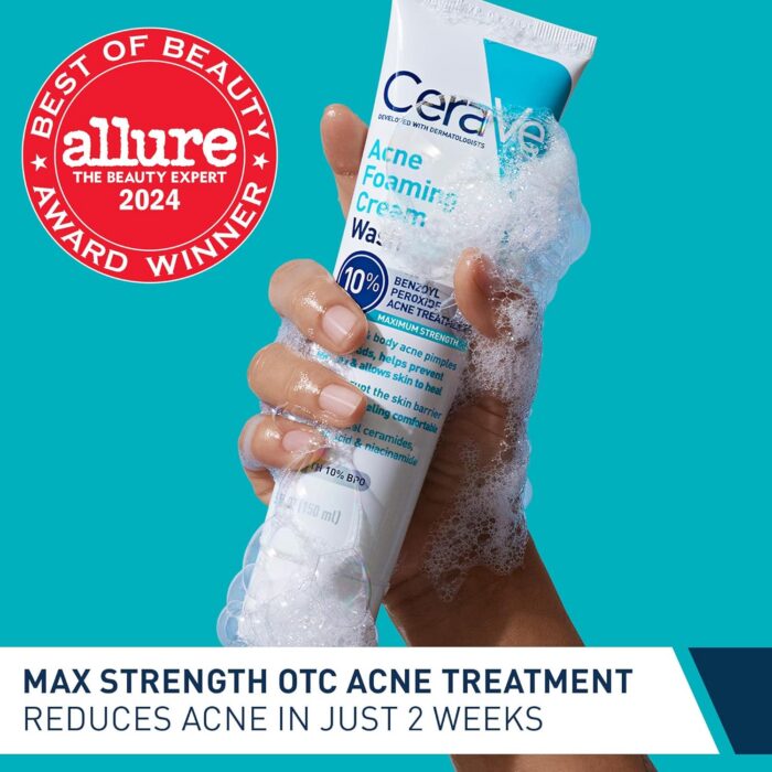 CeraVe Acne Foaming Cream Wash with 10% Benzoyl Peroxide Acne Treatment (150mL) - Image 2