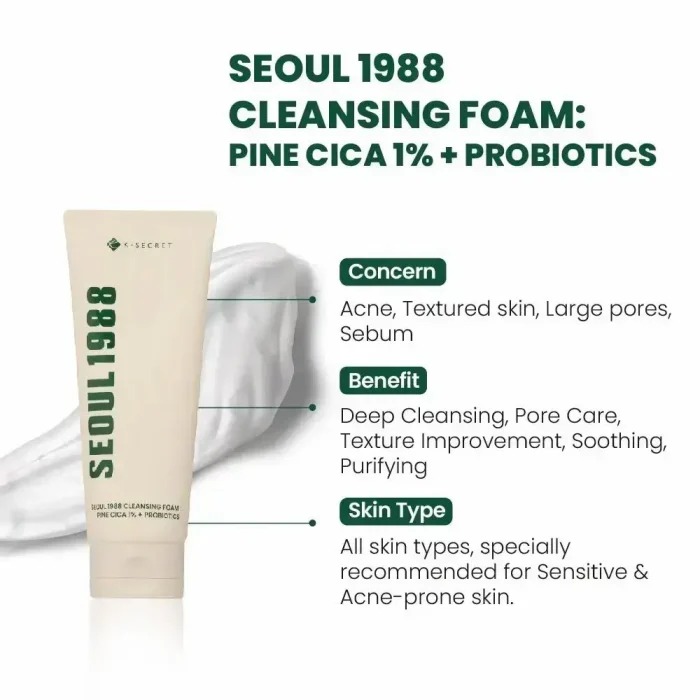 K-SECRET Seoul 1988 Cleansing Foam : Pine Cica 1% + Probiotics (150mL) - Image 3
