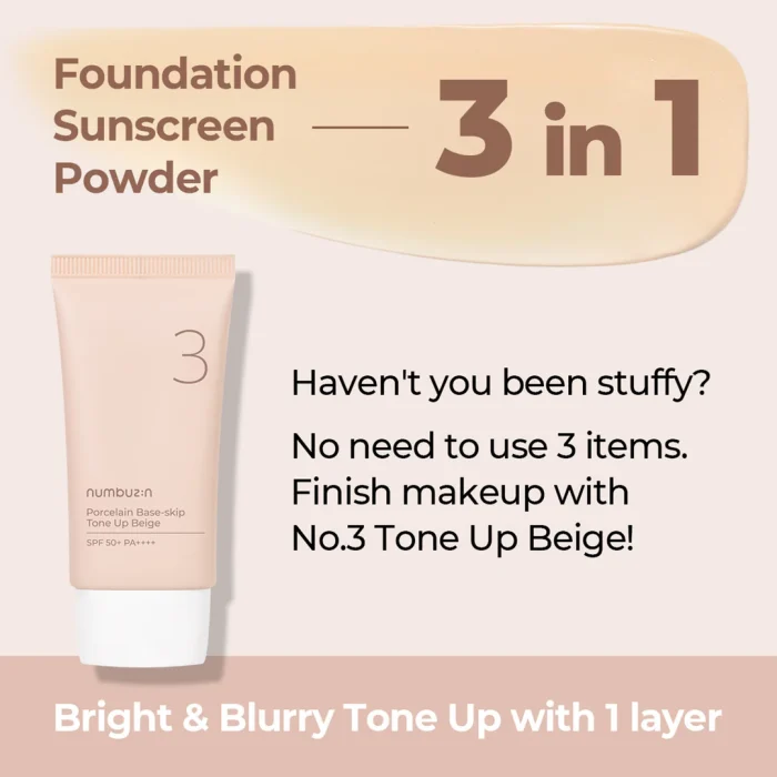 numbuzin No. 3 Porcelain Base Skip Tone Up Beige Sunscreen SPF 50+ PA++++ (50mL) - Image 3