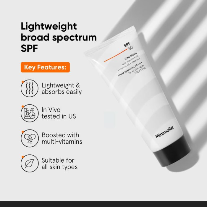 Minimalist SPF 50+ PA++++ Sunscreen with Niacinamide + Vitamin B5 + Vitamin F (50g) - Image 2