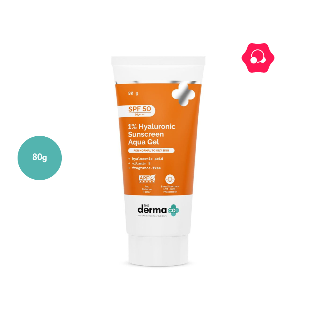 vhkjl; The Derma Co 1% Hyaluronic Sunscreen Aqua Gel SPF50+ PA++++ (80g) - Image 1